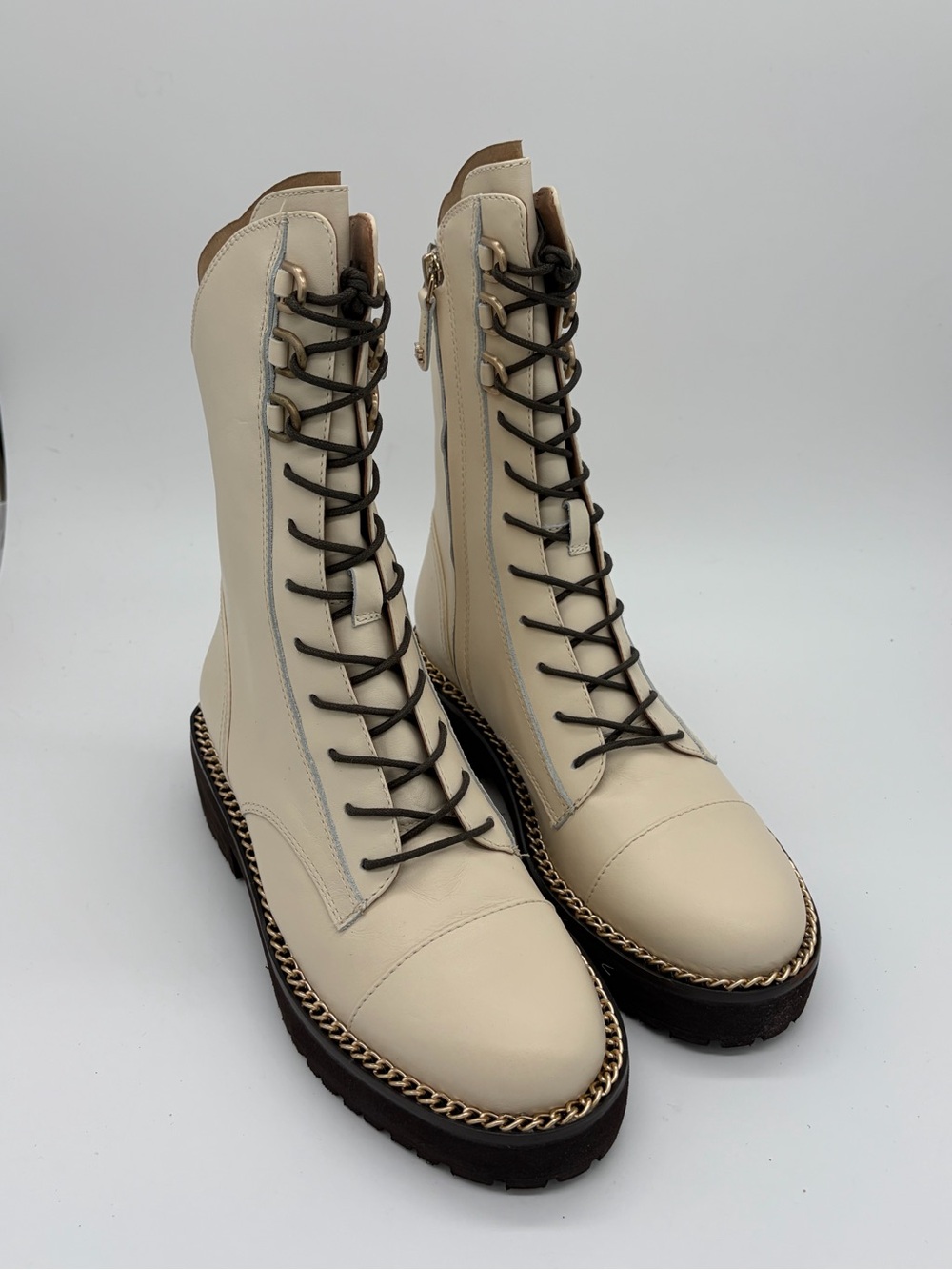 Sam Edelman Cream Lace-Up Combat Boots with Gold Chain Trim